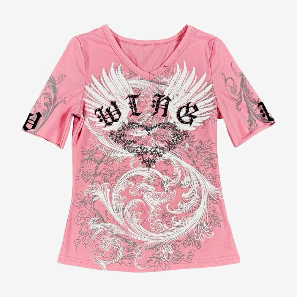 Women’s Y2K ROMWE Pink V-Neck Studded Angel Graphic Knit Tee Short Sleeve XXS